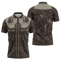 Western Yoke Zipper Polo Shirt Skeleton Cowboy Santa On A Reindeer - Wonder Print Shop