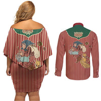 Western Yoke Couples Matching Off Shoulder Short Dress and Long Sleeve Button Shirt Befana Merry Christmas Retro Style - Wonder Print Shop