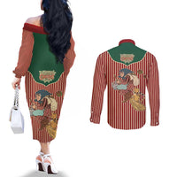 Western Yoke Couples Matching Off The Shoulder Long Sleeve Dress and Long Sleeve Button Shirt Befana Merry Christmas Retro Style - Wonder Print Shop