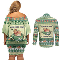 Capybara Christmas Couples Matching Off Shoulder Short Dress and Long Sleeve Button Shirt Wake Me Up When It's Christmas - Wonder Print Shop