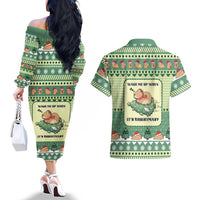 Capybara Christmas Couples Matching Off The Shoulder Long Sleeve Dress and Hawaiian Shirt Wake Me Up When It's Christmas - Wonder Print Shop