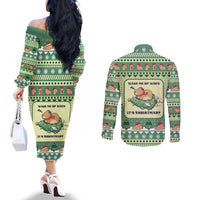 Capybara Christmas Couples Matching Off The Shoulder Long Sleeve Dress and Long Sleeve Button Shirt Wake Me Up When It's Christmas - Wonder Print Shop