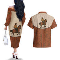 Cowboy Couples Matching Off The Shoulder Long Sleeve Dress and Hawaiian Shirt Horse Riding Retro Western Yoke