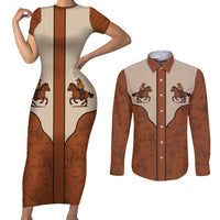 Cowboy Couples Matching Short Sleeve Bodycon Dress and Long Sleeve Button Shirt Horse Riding Retro Western Yoke