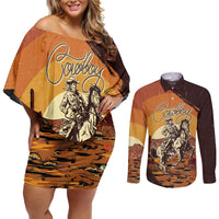 Cowboy Couples Matching Off Shoulder Short Dress and Long Sleeve Button Shirt Ride Em Cowboy