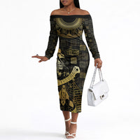Egyptian God Thoth Off The Shoulder Long Sleeve Dress Ancient Mythology Ibis Wisdom Hieroglyphic