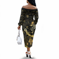 Egyptian God Thoth Off The Shoulder Long Sleeve Dress Ancient Mythology Ibis Wisdom Hieroglyphic