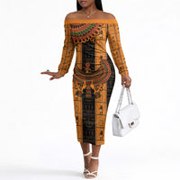 Egyptian God Horus Off The Shoulder Long Sleeve Dress Ancient Mythology Falcon Hieroglyphic Patterns