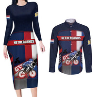 Personalized Netherlands Cycling Couples Matching Long Sleeve Bodycon Dress and Long Sleeve Button Shirt Sporty Style Navy - Wonder Print Shop