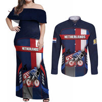 Personalized Netherlands Cycling Couples Matching Off Shoulder Maxi Dress and Long Sleeve Button Shirt Sporty Style Navy - Wonder Print Shop