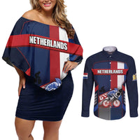 Personalized Netherlands Cycling Couples Matching Off Shoulder Short Dress and Long Sleeve Button Shirt Sporty Style Navy - Wonder Print Shop
