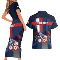 Personalized Netherlands Cycling Couples Matching Short Sleeve Bodycon Dress and Hawaiian Shirt Sporty Style Navy - Wonder Print Shop