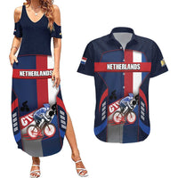 Personalized Netherlands Cycling Couples Matching Summer Maxi Dress and Hawaiian Shirt Sporty Style Navy - Wonder Print Shop