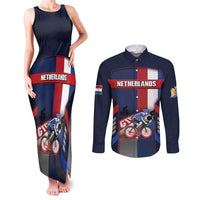 Personalized Netherlands Cycling Couples Matching Tank Maxi Dress and Long Sleeve Button Shirt Sporty Style Navy - Wonder Print Shop