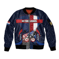 Personalized Netherlands Cycling Sleeve Zip Bomber Jacket Sporty Style Navy - Wonder Print Shop