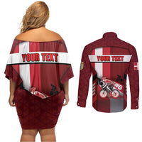Personalized Denmark Cycling Couples Matching Off Shoulder Short Dress and Long Sleeve Button Shirt Sporty Style Red - Wonder Print Shop