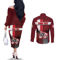 Personalized Denmark Cycling Couples Matching Off The Shoulder Long Sleeve Dress and Long Sleeve Button Shirt Sporty Style Red - Wonder Print Shop