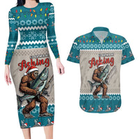 Bigfoot Fishing Christmas Couples Matching Long Sleeve Bodycon Dress and Hawaiian Shirt Funny Style - Wonder Print Shop