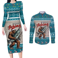 Bigfoot Fishing Christmas Couples Matching Long Sleeve Bodycon Dress and Long Sleeve Button Shirt Funny Style - Wonder Print Shop