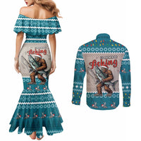 Bigfoot Fishing Christmas Couples Matching Mermaid Dress and Long Sleeve Button Shirt Funny Style - Wonder Print Shop