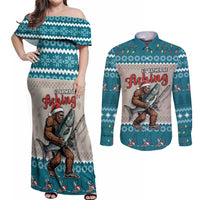 Bigfoot Fishing Christmas Couples Matching Off Shoulder Maxi Dress and Long Sleeve Button Shirt Funny Style - Wonder Print Shop