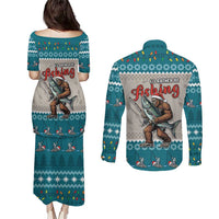 Bigfoot Fishing Christmas Couples Matching Puletasi and Long Sleeve Button Shirt Funny Style - Wonder Print Shop