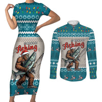 Bigfoot Fishing Christmas Couples Matching Short Sleeve Bodycon Dress and Long Sleeve Button Shirt Funny Style - Wonder Print Shop
