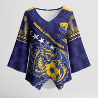 Custom Bosnia And Herzegovina Football Kimono Sleeve Blouse Fierce Dragon National Stars With Checker Patterns