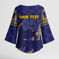 Custom Bosnia And Herzegovina Football Kimono Sleeve Blouse Fierce Dragon National Stars With Checker Patterns