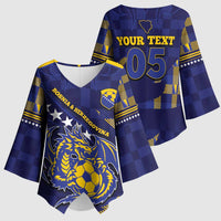 Custom Bosnia And Herzegovina Football Kimono Sleeve Blouse Fierce Dragon National Stars With Checker Patterns