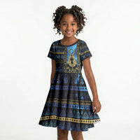 Egyptian Goddess Hathor Kid Short Sleeve Dress Galaxy Ancient Mythology Sun Disk Cow Horn