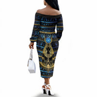 Egyptian Goddess Hathor Off The Shoulder Long Sleeve Dress Galaxy Ancient Mythology Sun Disk Cow Horn