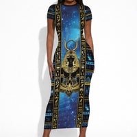 Egyptian Goddess Hathor Short Sleeve Bodycon Dress Galaxy Ancient Mythology Sun Disk Cow Horn