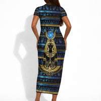 Egyptian Goddess Hathor Short Sleeve Bodycon Dress Galaxy Ancient Mythology Sun Disk Cow Horn