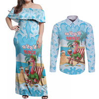 Christmas In July Couples Matching Off Shoulder Maxi Dress and Long Sleeve Button Shirt I Am The Flamingo Elf - Wonder Print Shop