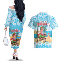Christmas In July Couples Matching Off The Shoulder Long Sleeve Dress and Hawaiian Shirt I Am The Flamingo Elf - Wonder Print Shop
