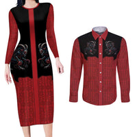 Western Yoke Couples Matching Long Sleeve Bodycon Dress and Long Sleeve Button Shirt Krampus Christmas Horror Style - Wonder Print Shop