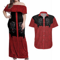 Western Yoke Couples Matching Off Shoulder Maxi Dress and Hawaiian Shirt Krampus Christmas Horror Style - Wonder Print Shop