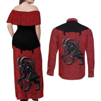 Western Yoke Couples Matching Off Shoulder Maxi Dress and Long Sleeve Button Shirt Krampus Christmas Horror Style - Wonder Print Shop