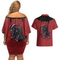 Western Yoke Couples Matching Off Shoulder Short Dress and Hawaiian Shirt Krampus Christmas Horror Style - Wonder Print Shop