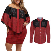 Western Yoke Couples Matching Off Shoulder Short Dress and Long Sleeve Button Shirt Krampus Christmas Horror Style - Wonder Print Shop