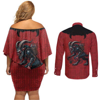 Western Yoke Couples Matching Off Shoulder Short Dress and Long Sleeve Button Shirt Krampus Christmas Horror Style - Wonder Print Shop