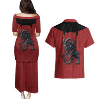 Western Yoke Couples Matching Puletasi and Hawaiian Shirt Krampus Christmas Horror Style - Wonder Print Shop