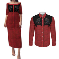 Western Yoke Couples Matching Puletasi and Long Sleeve Button Shirt Krampus Christmas Horror Style - Wonder Print Shop