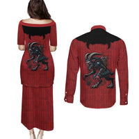 Western Yoke Couples Matching Puletasi and Long Sleeve Button Shirt Krampus Christmas Horror Style - Wonder Print Shop
