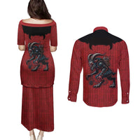 Western Yoke Couples Matching Puletasi and Long Sleeve Button Shirt Krampus Christmas Horror Style - Wonder Print Shop