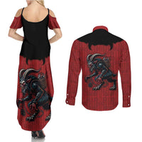 Western Yoke Couples Matching Summer Maxi Dress and Long Sleeve Button Shirt Krampus Christmas Horror Style - Wonder Print Shop