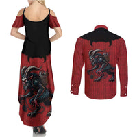 Western Yoke Couples Matching Summer Maxi Dress and Long Sleeve Button Shirt Krampus Christmas Horror Style - Wonder Print Shop