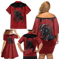 Western Yoke Family Matching Off Shoulder Short Dress and Hawaiian Shirt Krampus Christmas Horror Style - Wonder Print Shop