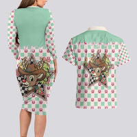 Western Yoke Couples Matching Long Sleeve Bodycon Dress and Hawaiian Shirt Rudolph Cowboy Christmas Retro Style - Wonder Print Shop